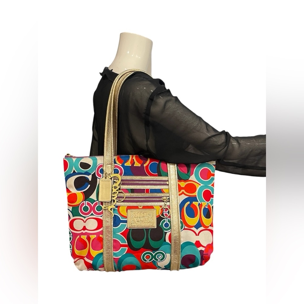 Coach Poppy Glam Graffiti Y2K Gold Metallic Multicolor Zip Tote Bag - Picture 3 of 17